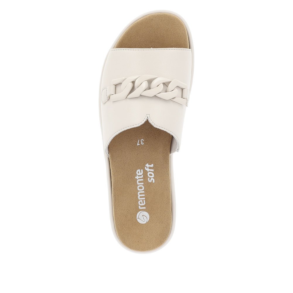 Vanilla beige remonte women´s mules D1N51-80 with cream white chain. Shoe from the top.