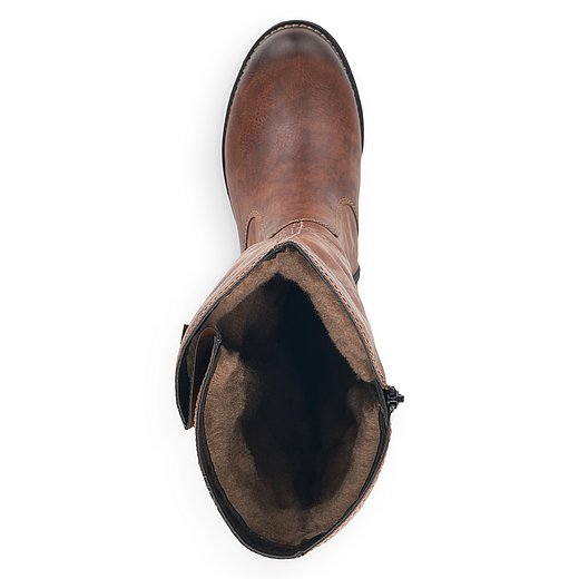 Braune Stiefel warm gefüttert aus Kunstleder mit Reißverschluss, Vario-Schaft und Wechselfußbett. Schuh von oben. 