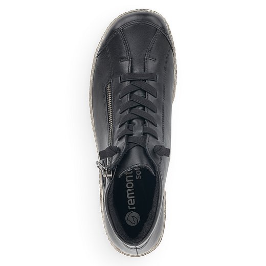 Schwarze Kurzstiefel aus Glattleder mit Reißverschluss und Schnürung und Wechselfußbett. Schuh von oben. 
