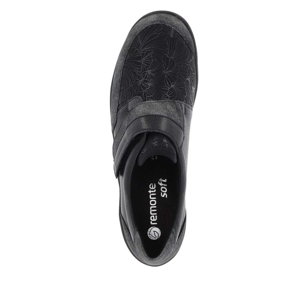 Black remonte women´s slippers R7600-05 with a hook and loop fastener. Shoe from the top.