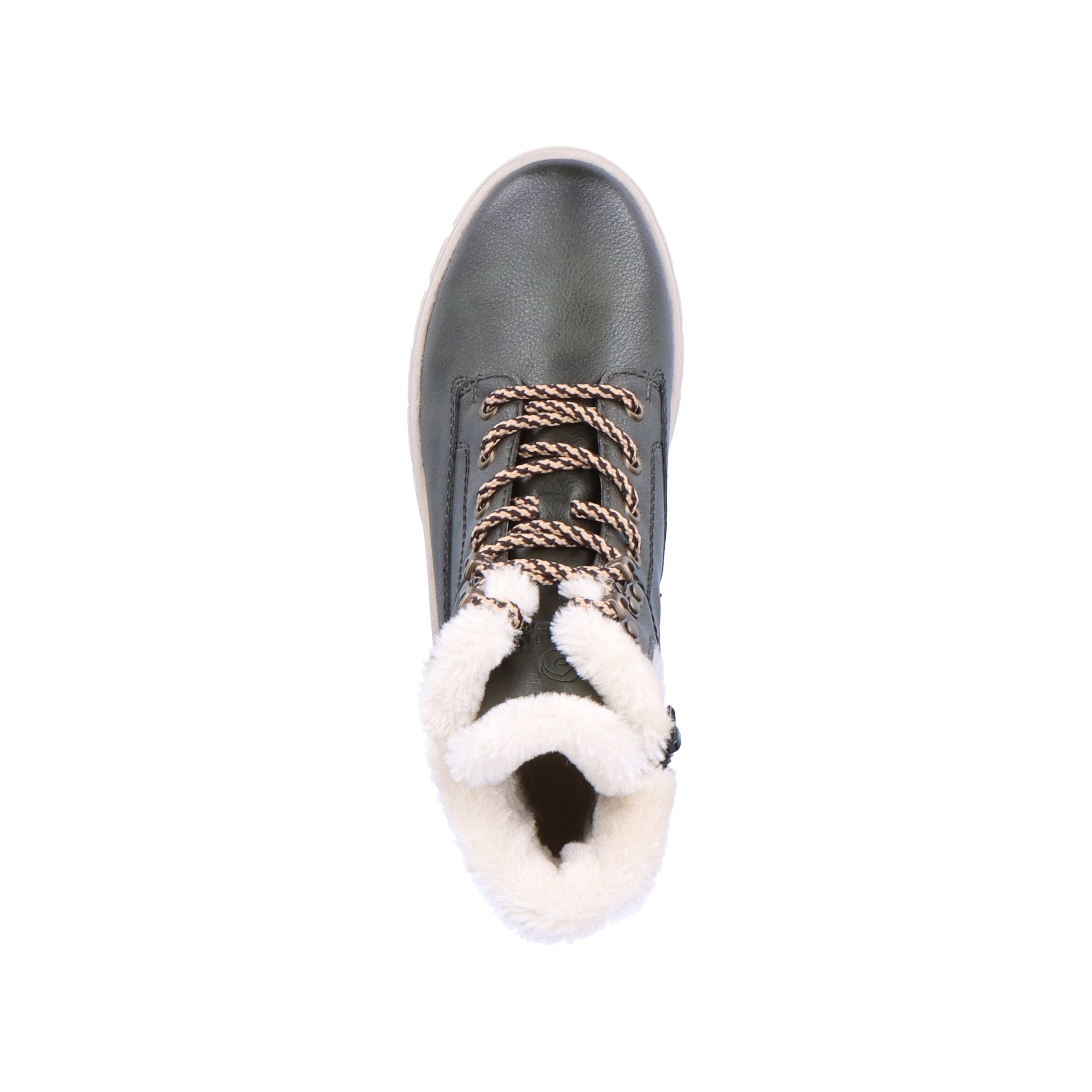 Green-grey remonte women´s lace-up boots D0E71-52 with light profile sole. Shoe from the top