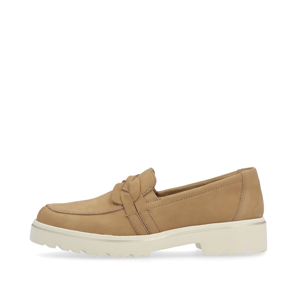 Beige remonte women´s loafers D1H01-60 with an elastic insert and braided strap. Outside of the shoe.