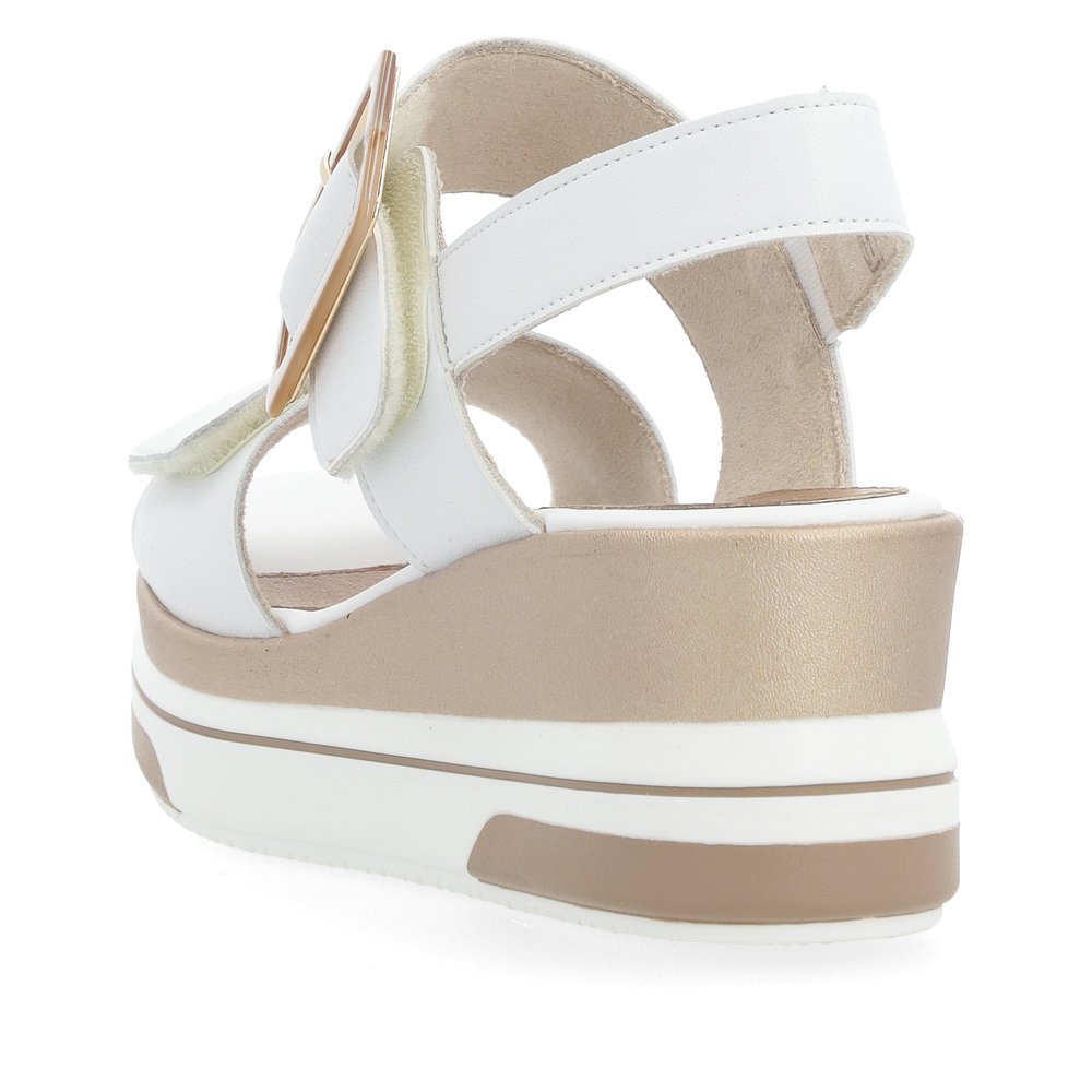 Pure white remonte women´s wedge sandals D1P50-80 with a hook and loop fastener. Shoe from the back.