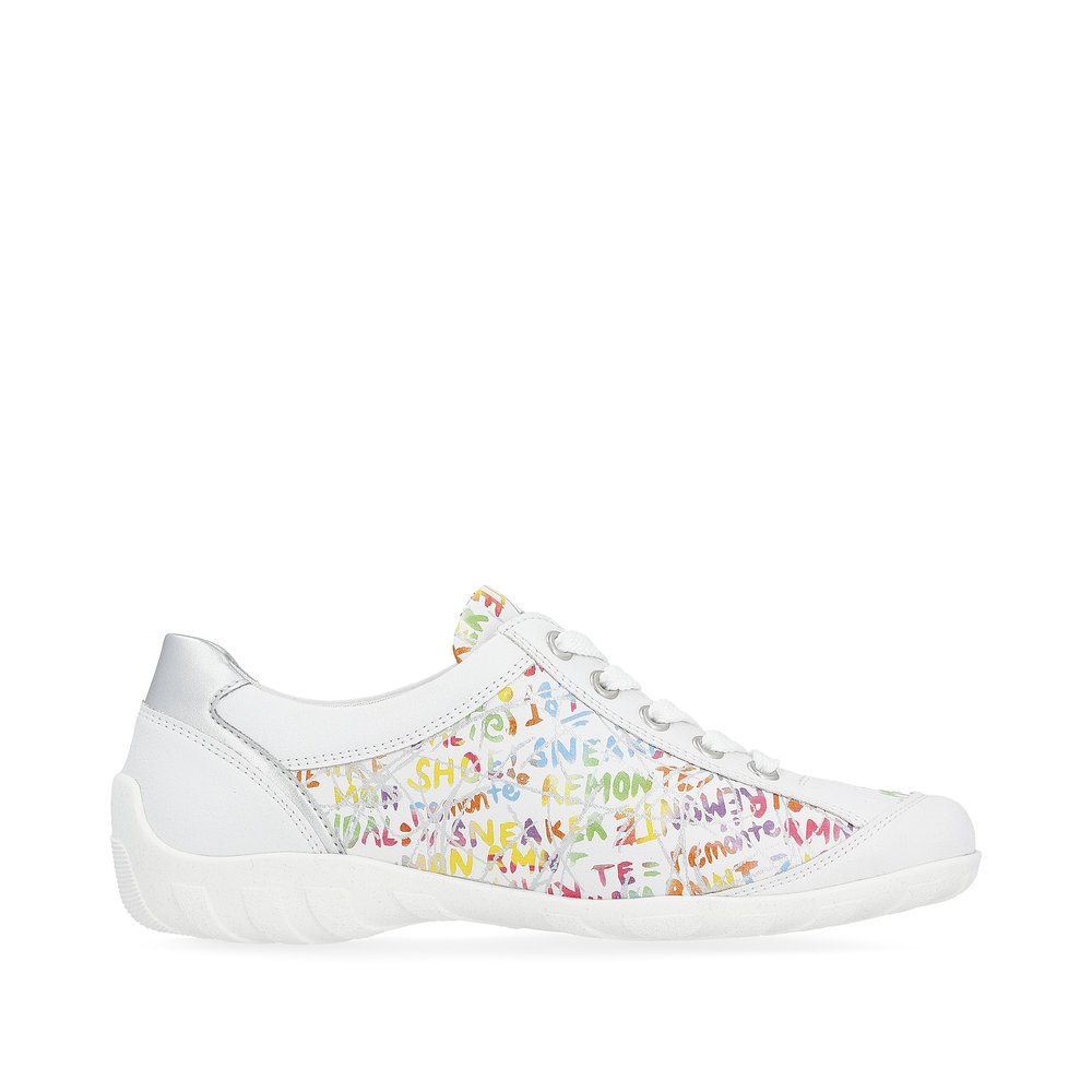 White remonte women´s lace-up shoes R3408-81 with a zipper and multicolored pattern. Shoe inside.