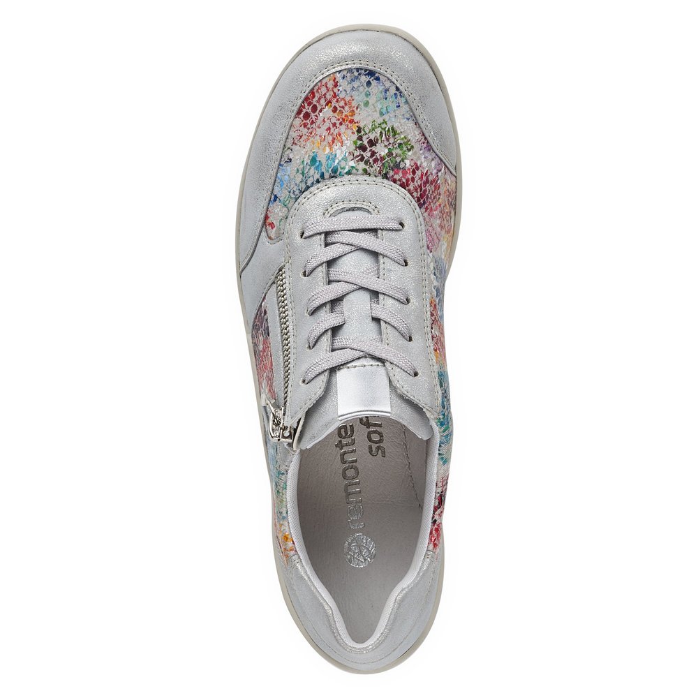 Colorful remonte women´s lace-up shoes R7637-40 with zipper and multicolor print. Shoe from the top.