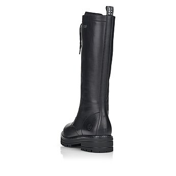 Schwarze Stiefel warm gefüttert aus Glattleder mit Reißverschluss und Schnürung, wasserabweisendem Remonte TEX und Wechselfußbett. Schuh von hinten.