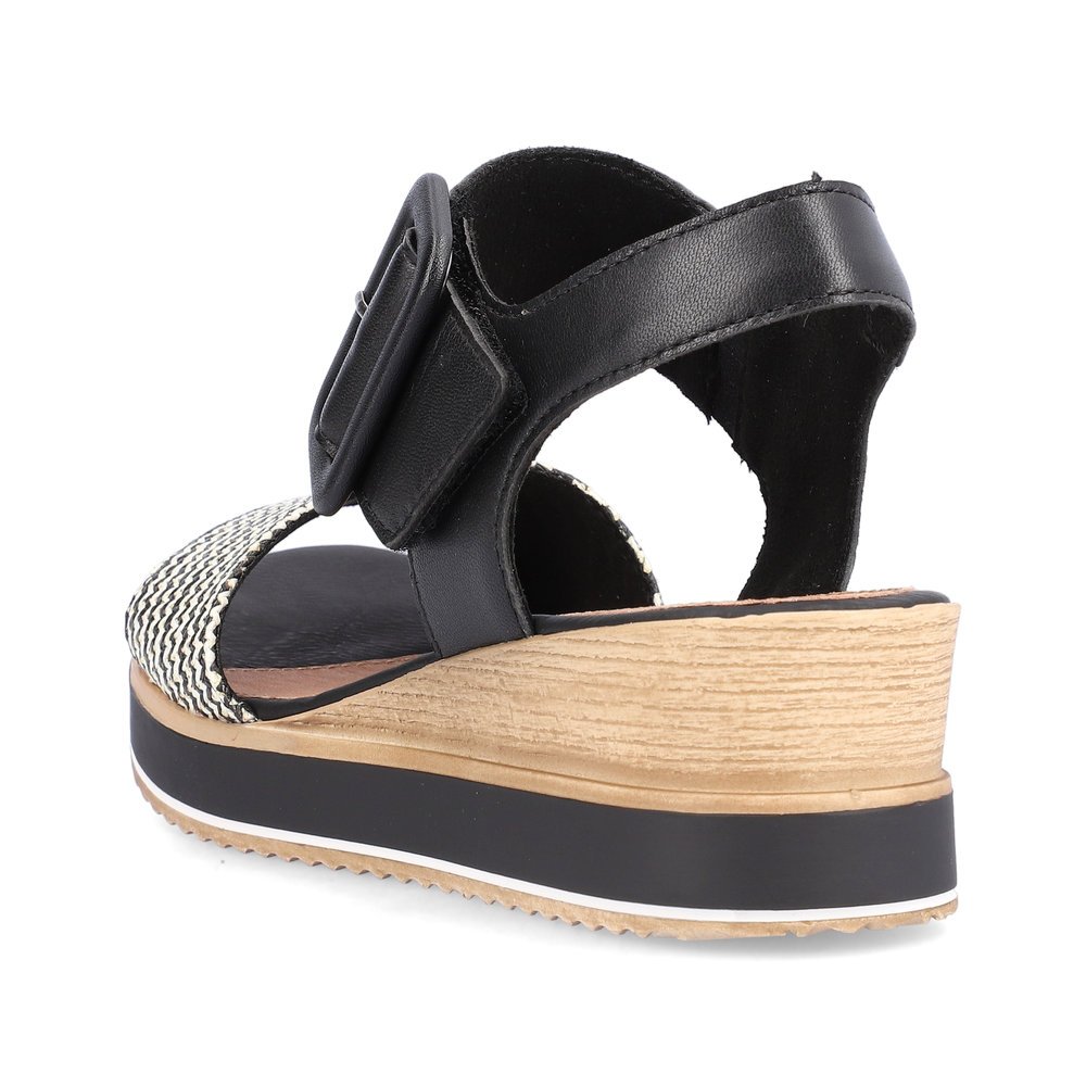Graphite black remonte women´s wedge sandals D6453-01 with a hook and loop fastener. Shoe from the back.