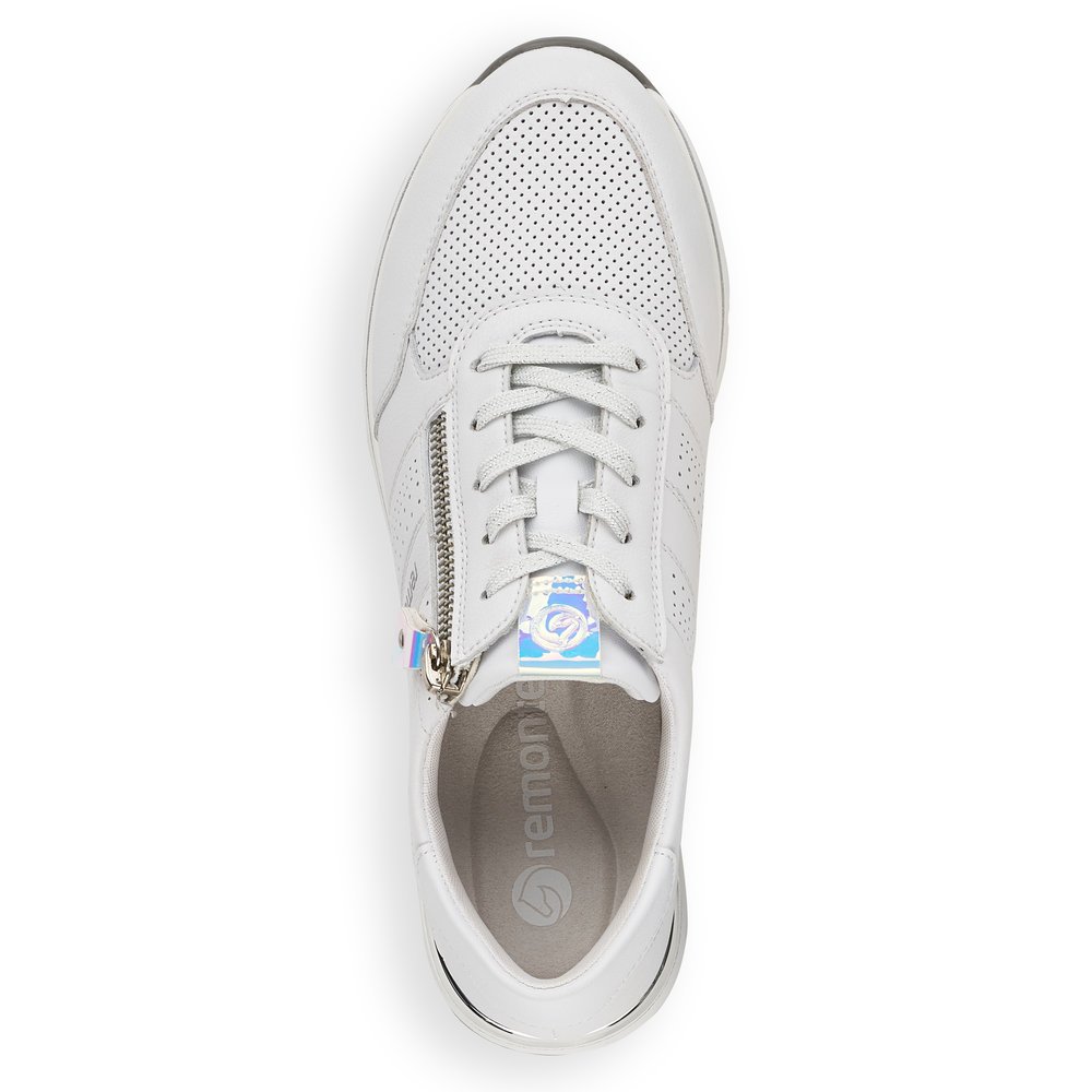 Pure white remonte women´s sneakers R6705-80 with zipper and comfort width G. Shoe from the top.