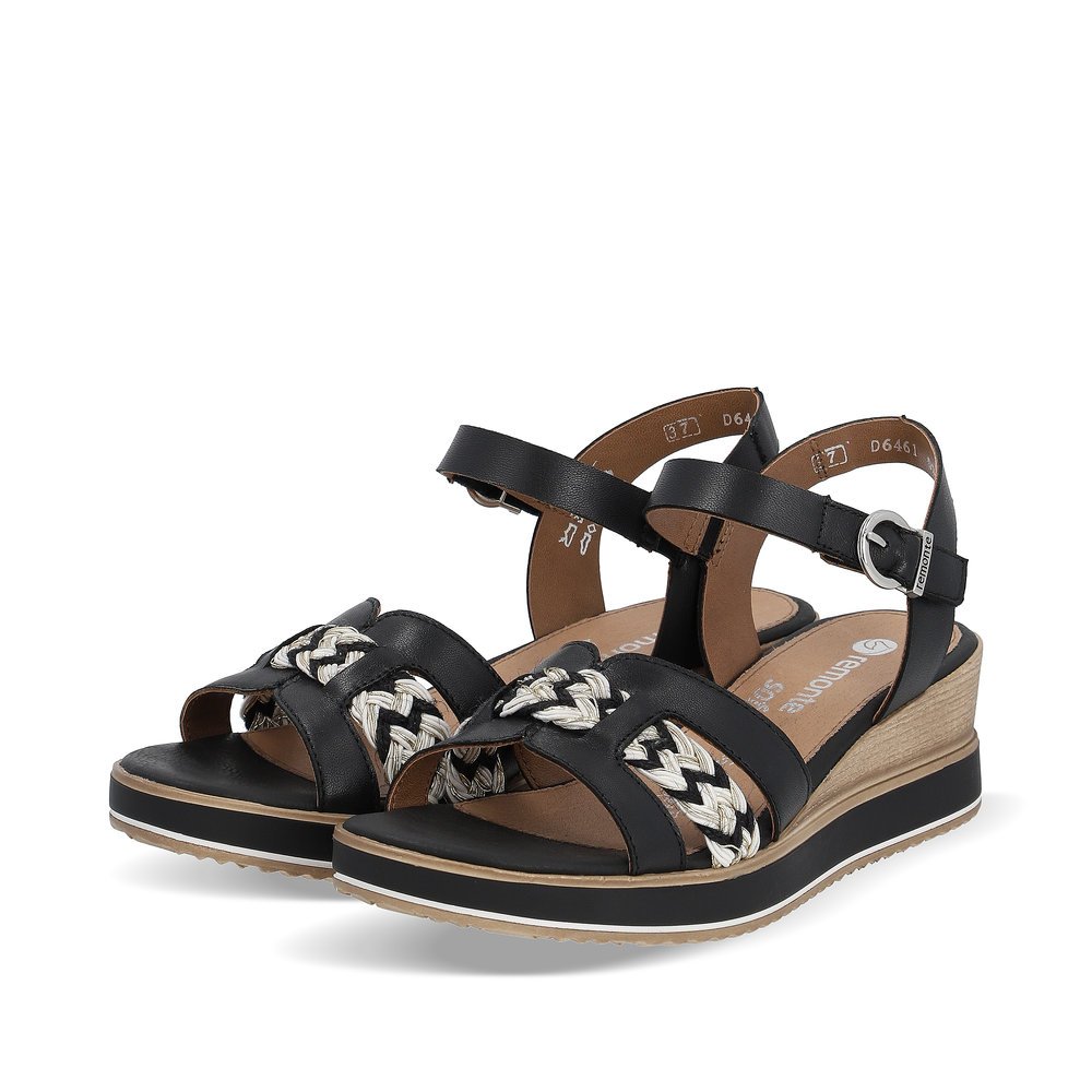 Black remonte women´s wedge sandals D6461-02 with hook and loop fastener. Shoes laterally.