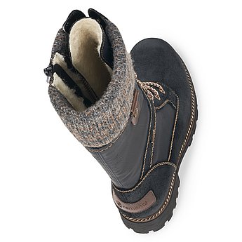 Schwarze Stiefel warm gefüttert aus Kunstleder mit Reißverschluss und Schnürung, wasserabweisendem Remonte TEX und Wechselfußbett. Schuhe Innenseite.
