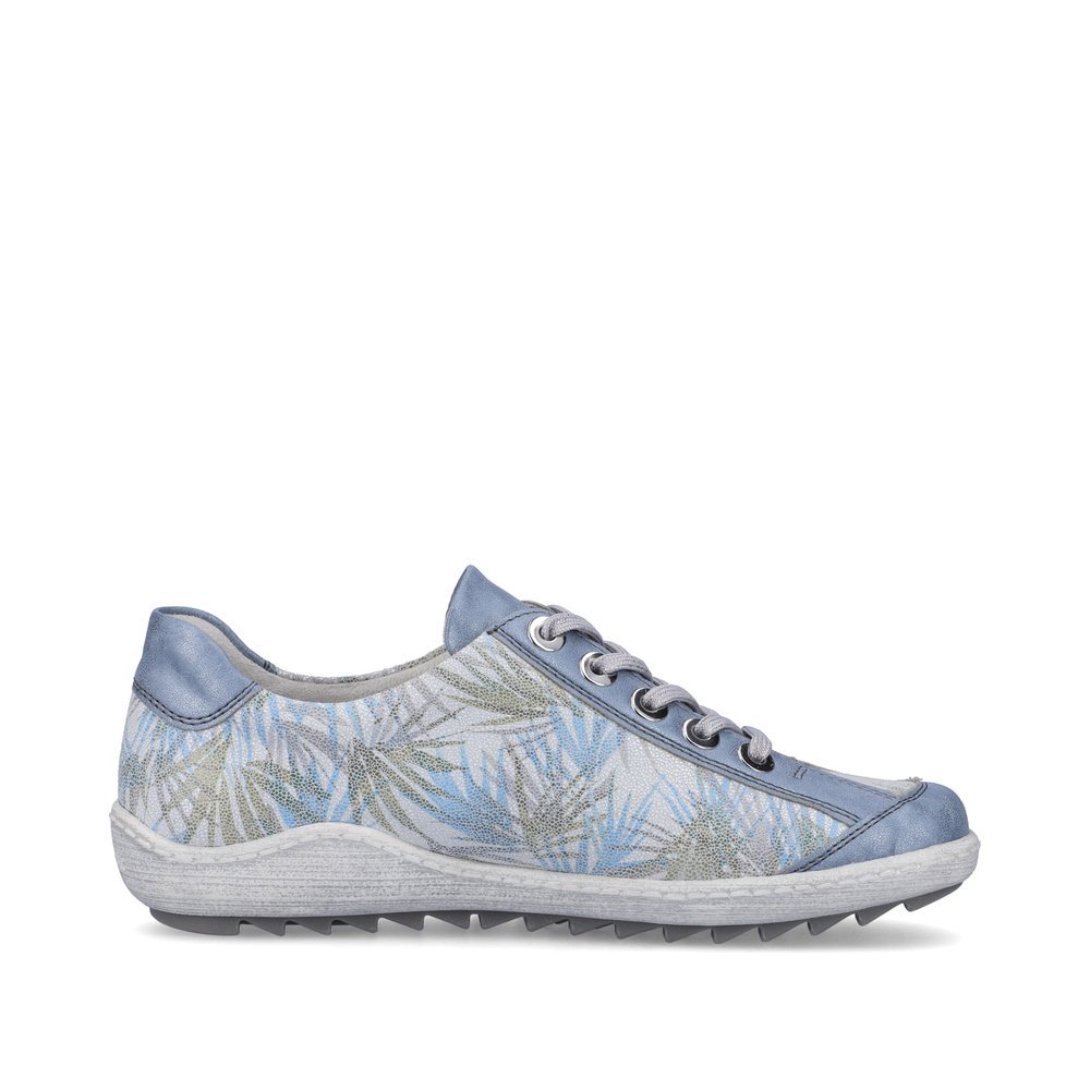 Blue remonte women´s lace-up shoes R1402-11 with zipper and tropical pattern. Shoe inside.