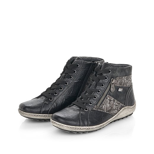 Graue Stiefeletten aus Glattleder mit Reißverschluss und Schnürung, wasserabweisendem Remonte TEX und Wechselfußbett. Schuhe seitlich schräg. 