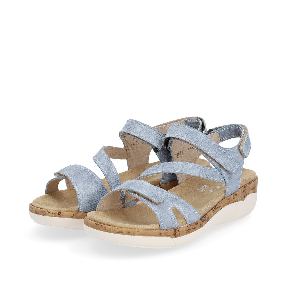 Ice blue remonte women´s strap sandals R6850-15 with hook and loop fastener. Shoes laterally.