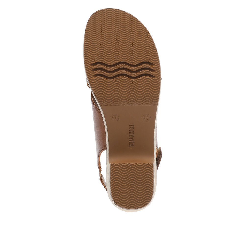 Chocolate brown remonte women´s strap sandals D0N54-24 with hook and loop fastener. Outsole of the shoe.