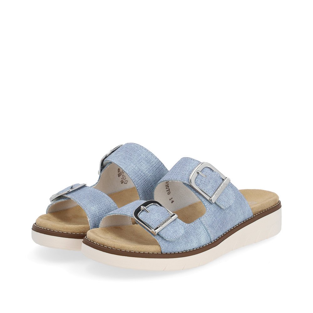 Sea blue remonte women´s mules D2070-14 with a hook and loop fastener. Shoes laterally.