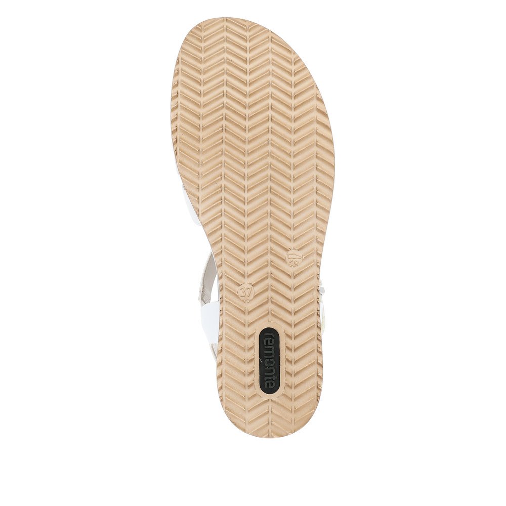 White remonte women´s wedge sandals D6461-80 with hook and loop fastener. Outsole of the shoe.