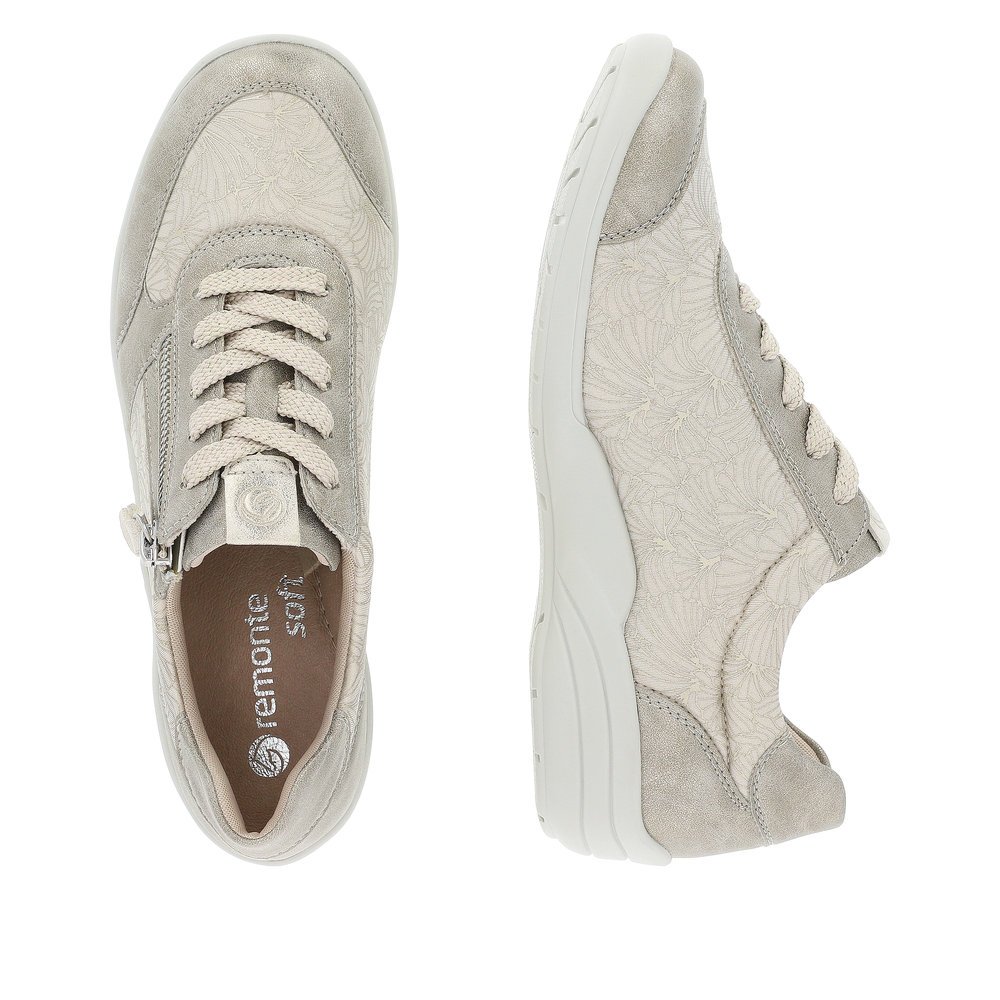Beige remonte women´s lace-up shoes R7637-60 with zipper and extra width H. Shoe from the top, lying.