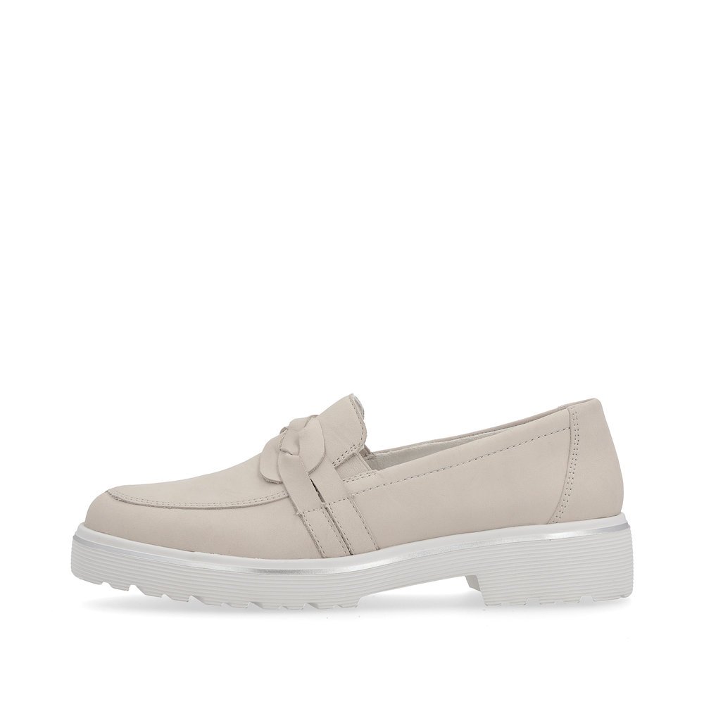 Beige grey remonte women´s loafers D1H01-40 with elastic insert and braided strap. Outside of the shoe.