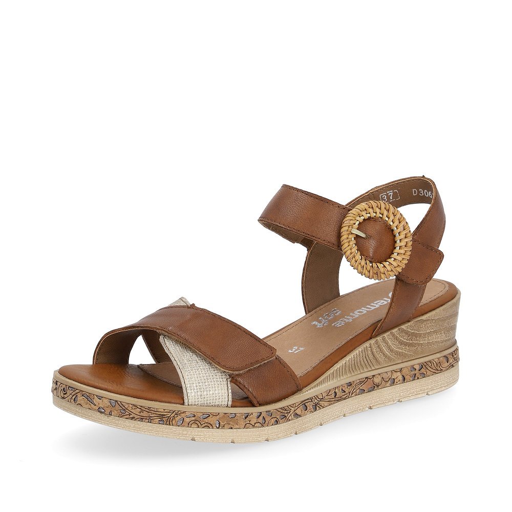 Brown remonte women´s wedge sandals D3067-24 with hook and loop fastener. Shoe laterally.