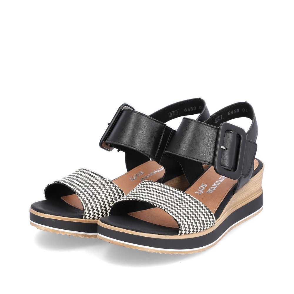 Graphite black remonte women´s wedge sandals D6453-01 with a hook and loop fastener. Shoes laterally.