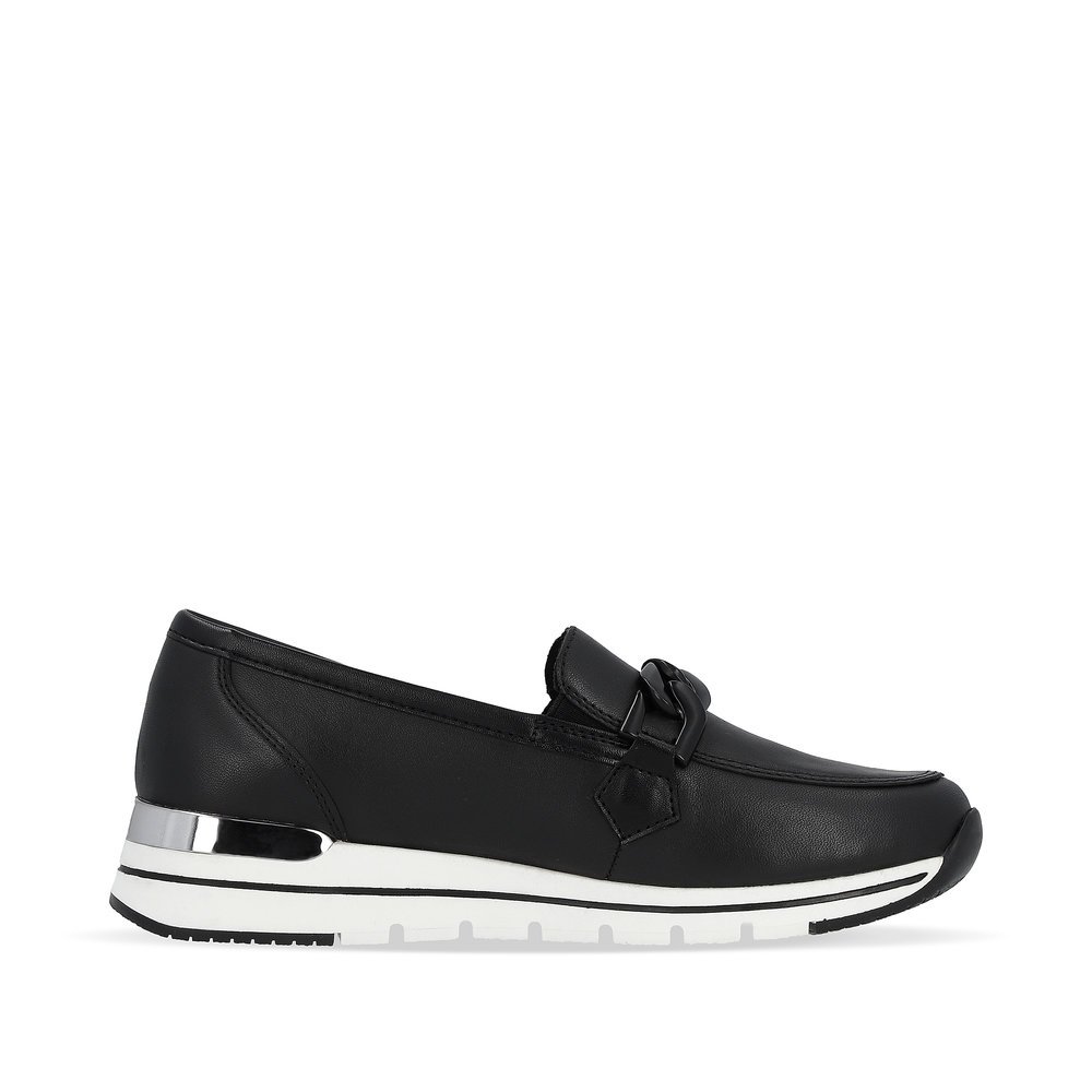 Black remonte women´s loafers R6711-00 with black chain and comfort width G. Shoe inside.