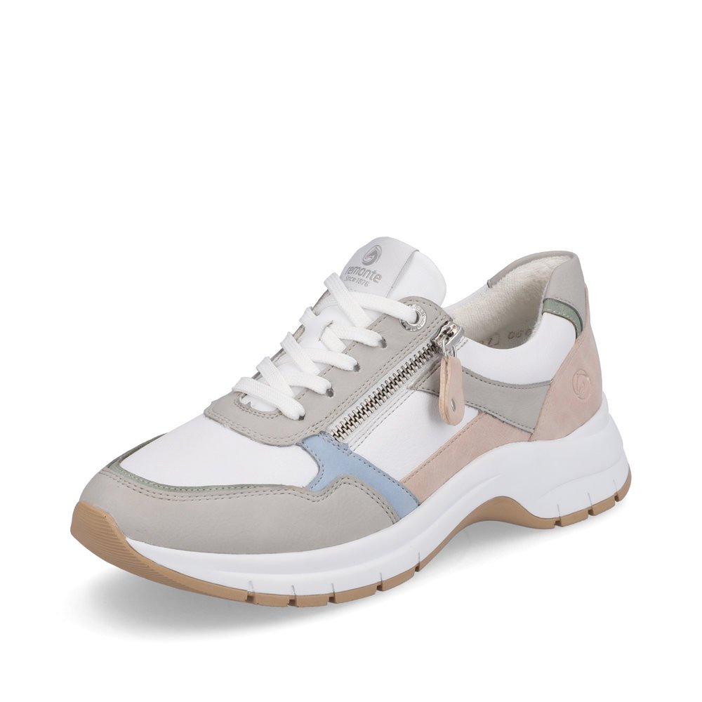 White remonte women´s sneakers D0G02-80 with a zipper and extra width H. Shoe laterally.