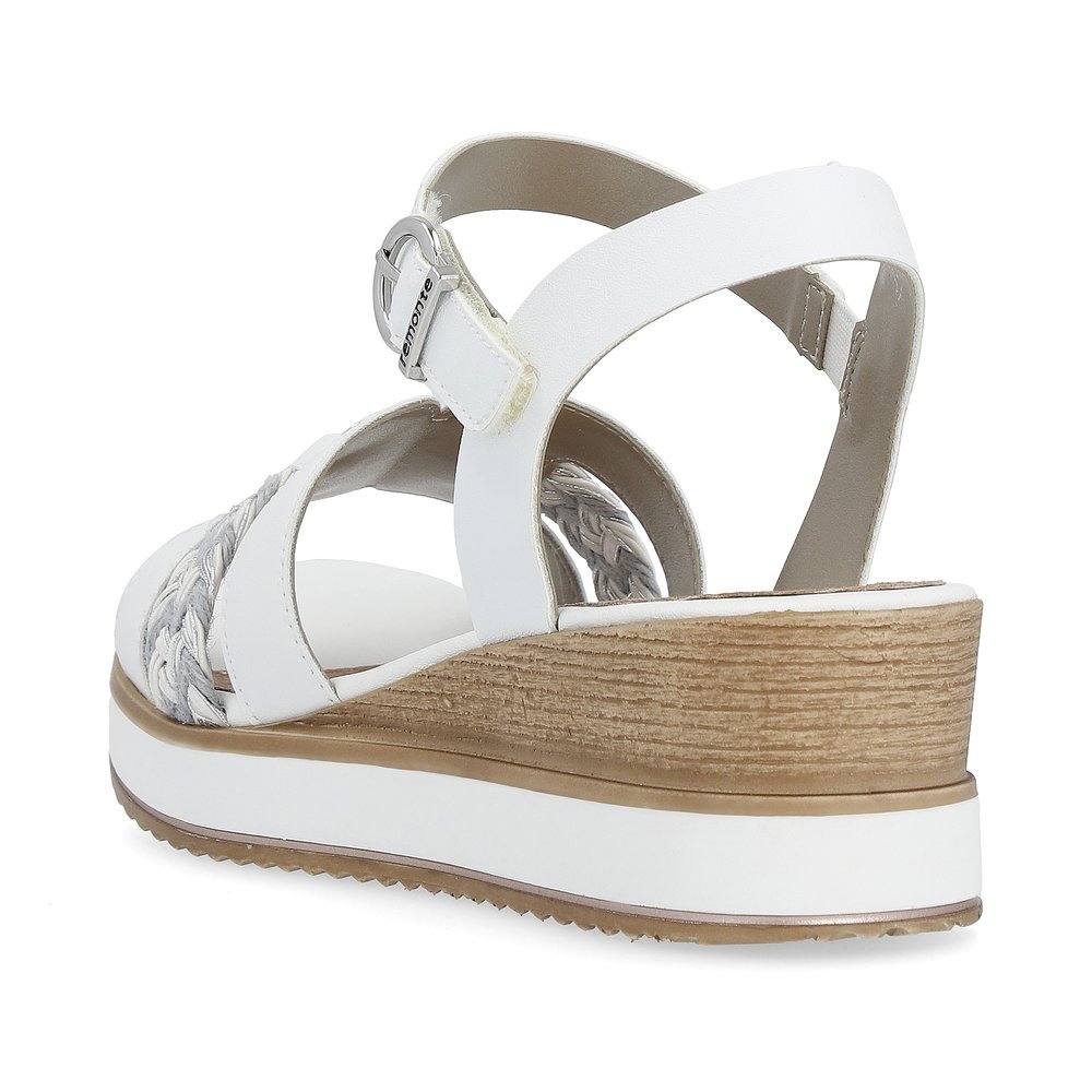 White remonte women´s wedge sandals D6461-80 with hook and loop fastener. Shoe from the back.