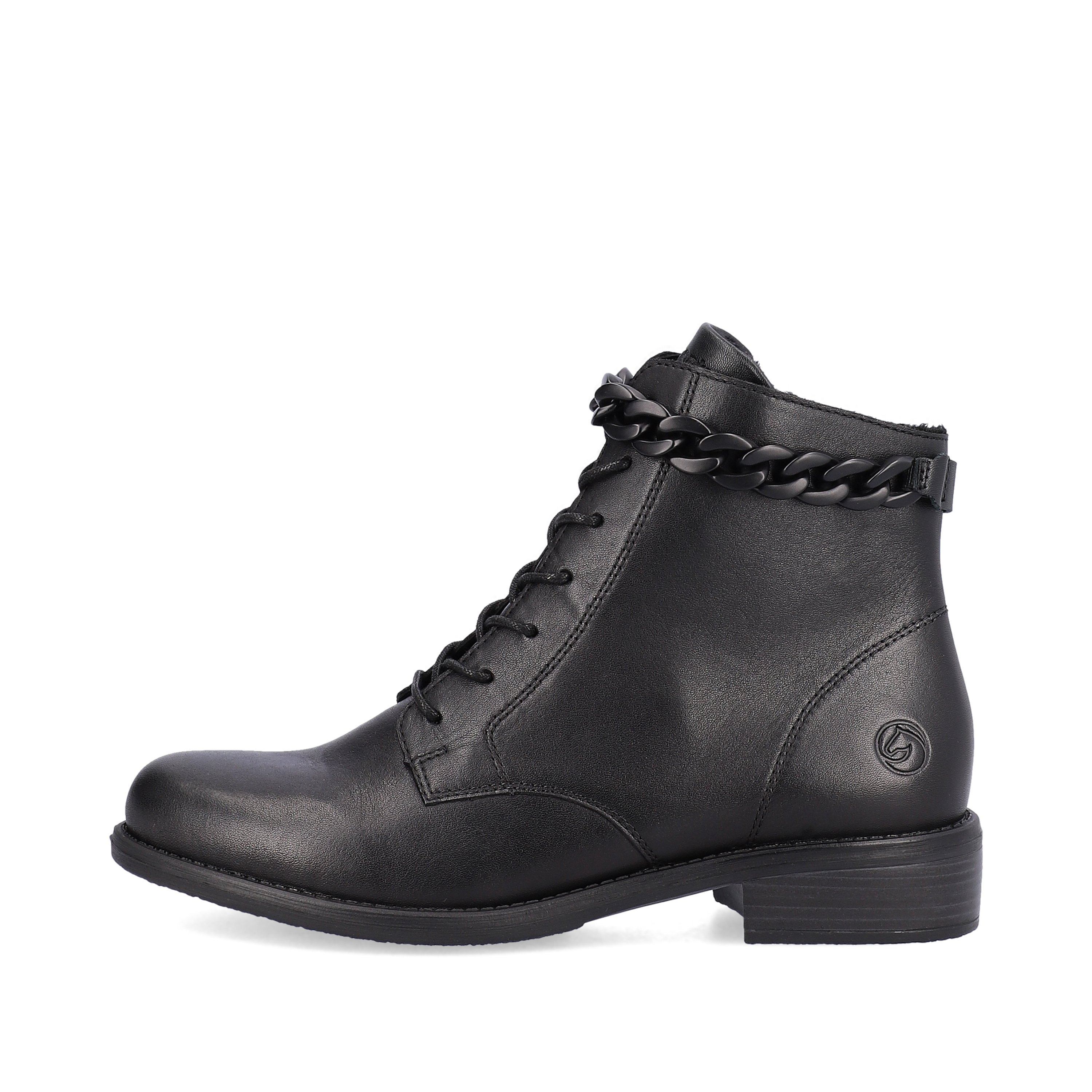 Glossy black remonte women´s biker boots D0F74-01 with light sole with block heel. The outside of the shoe