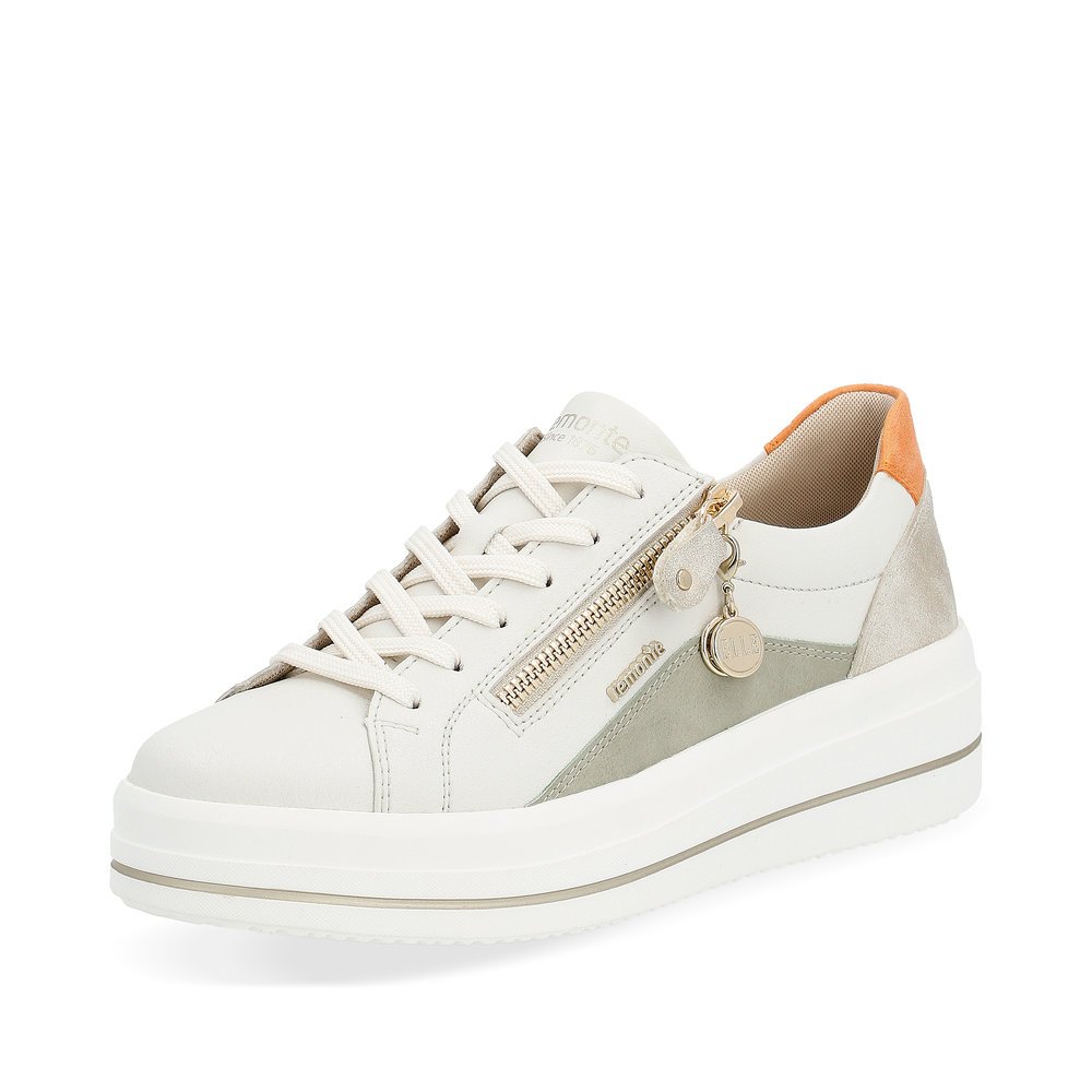 Weiße remonte Damen Sneaker D1C01-81 mit Reißverschluss sowie der Komfortweite G. Schuh seitlich schräg.