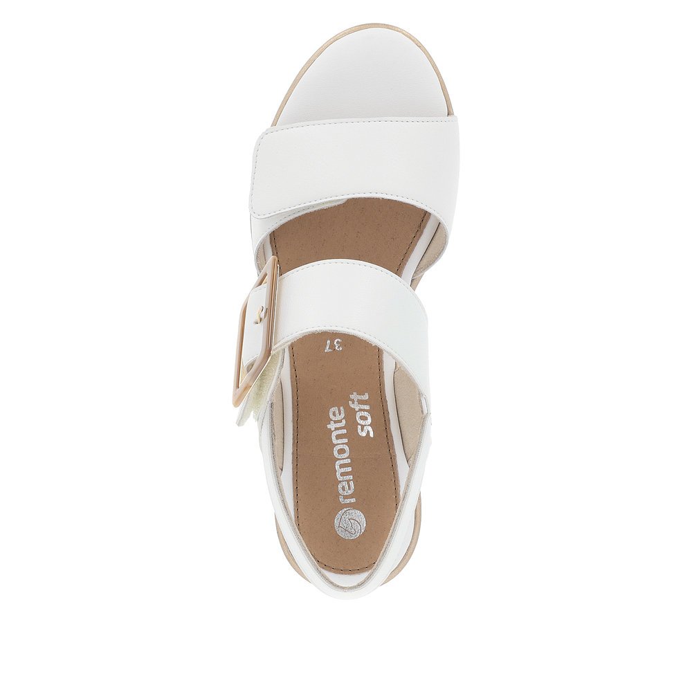 Pure white remonte women´s wedge sandals D1P50-80 with a hook and loop fastener. Shoe from the top.