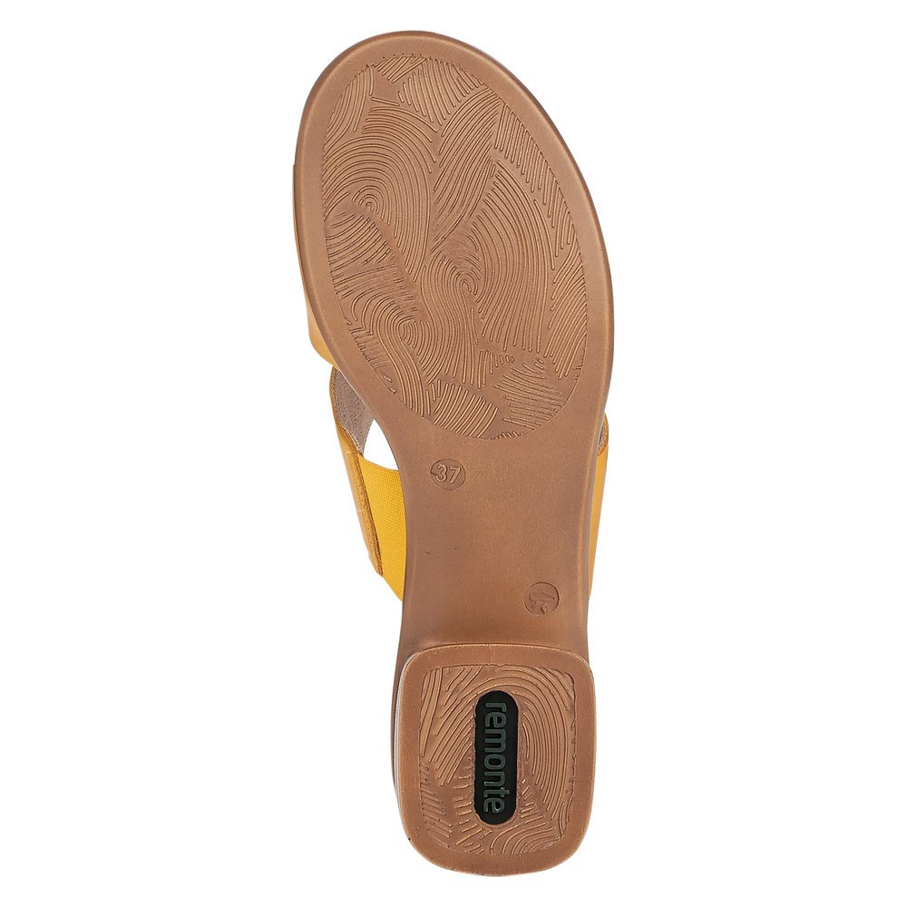 Yellow remonte women´s mules R8759-68 with feminine bow. Outsole of the shoe.