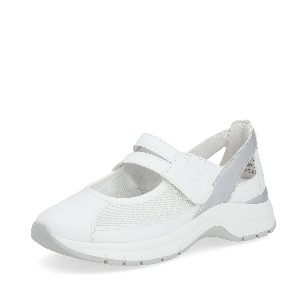 Pure white remonte women´s slippers D0G08-80 with a hook and loop fastener. Shoe laterally.