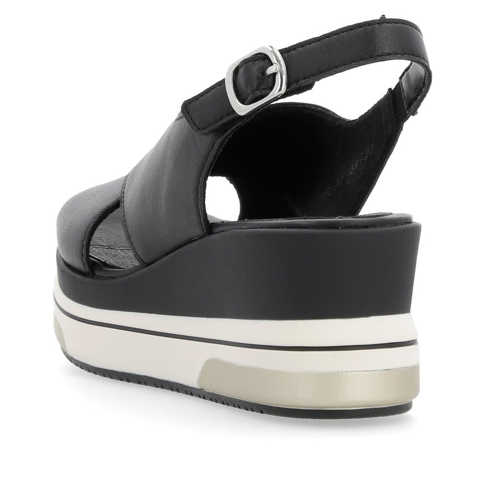 Night black remonte women´s wedge sandals D1P53-00 with a hook and loop fastener. Shoe from the back.