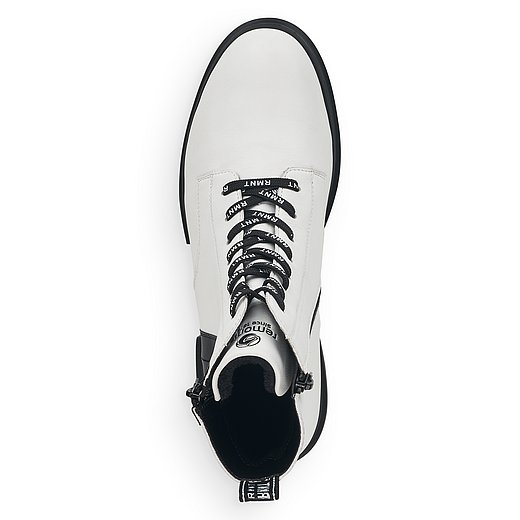 Weisse Stiefeletten leicht wärmend aus Glattleder mit Reißverschluss und Schnürung und Wechselfußbett. Schuh von oben. 