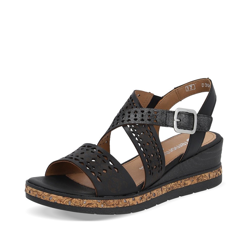 Night black remonte women´s wedge sandals D3069-02 with a hook and loop fastener. Shoe laterally.