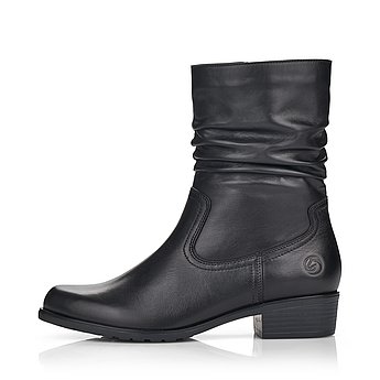 Schwarze Stiefeletten leicht wärmend aus Glattleder mit Reißverschluss und Wechselfußbett. Schuh Außenseite.