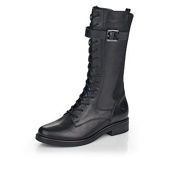 Schwarze Stiefel leicht wärmend aus Glattleder mit Reißverschluss und Schnürung, Stretch-Einsatz im Wadenbereich und Wechselfußbett. Schuh seitlich schräg.