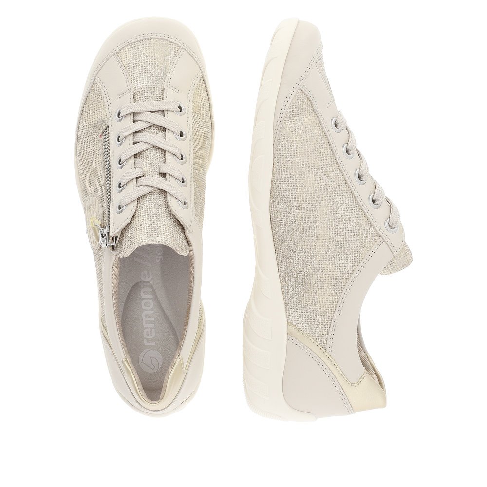 Beige remonte women´s lace-up shoes R3408-60 with a zipper and comfort width G. Shoe from the top, lying.