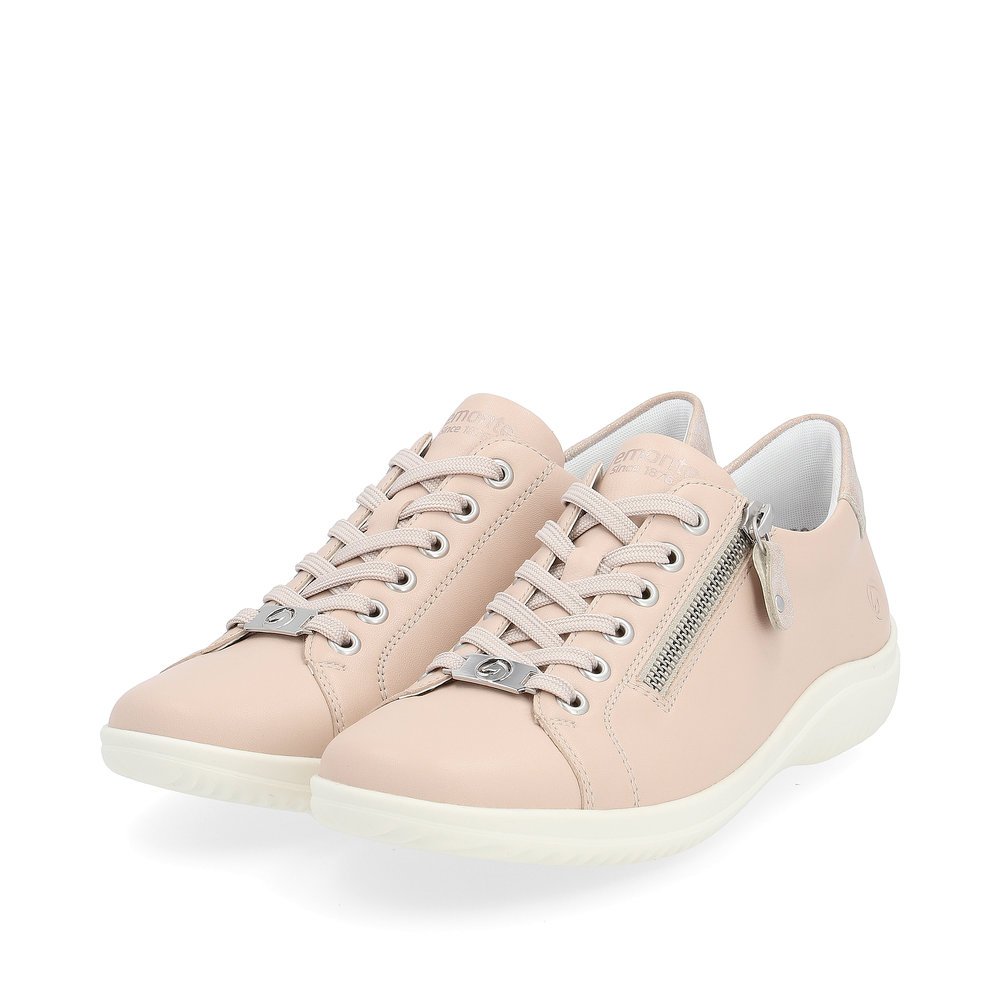 Pink remonte women´s lace-up shoes D1E03-31 with a zipper and comfort width G. Shoes laterally.