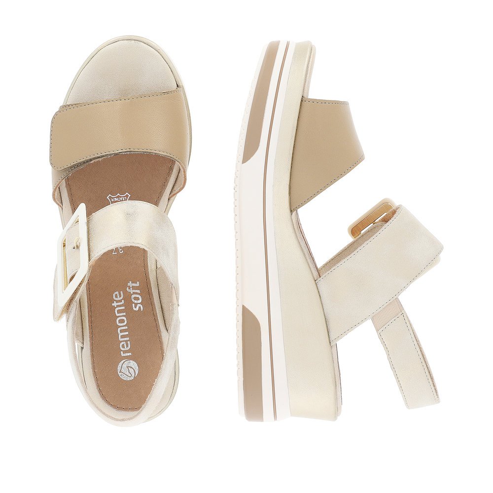 Beige remonte women´s wedge sandals D1P50-90 with hook and loop fastener. Shoe from the top, lying.