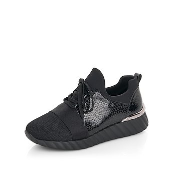 Schwarze Halbschuhe aus Kunstleder mit Lite'n Soft Technologie, ultraleichter und rutschfester Laufsohle, extra weicher Komfort Einlegesohle und Wechselfußbett. Schuh seitlich schräg.