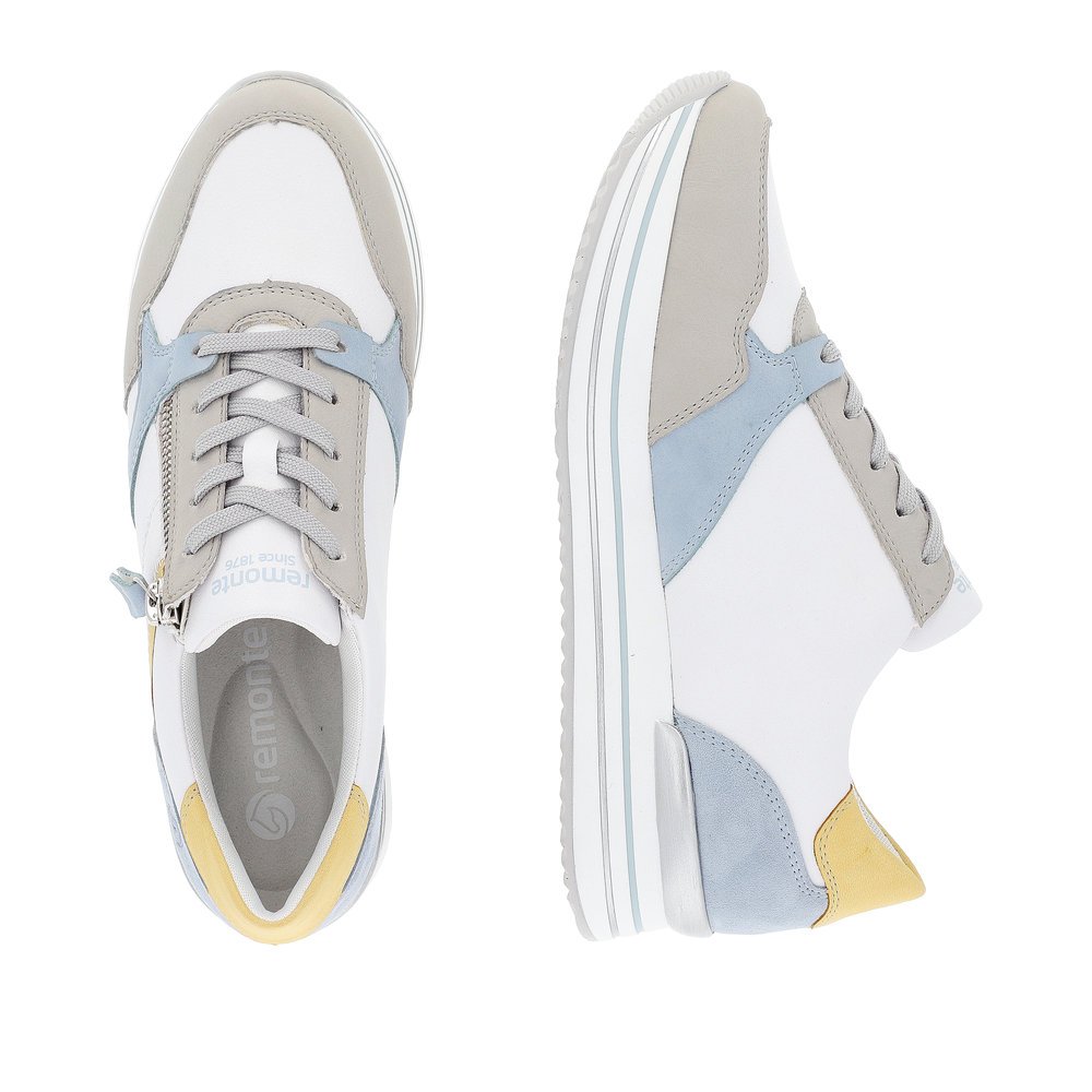 White remonte women´s sneakers D1323-81 with a zipper and comfort width G. Shoe from the top, lying.