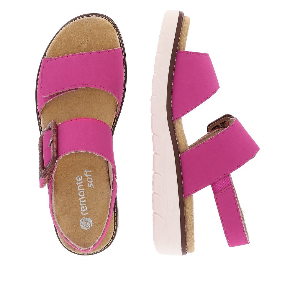 Pink remonte women´s strap sandals D2067-31 with a hook and loop fastener. Shoe from the top, lying.