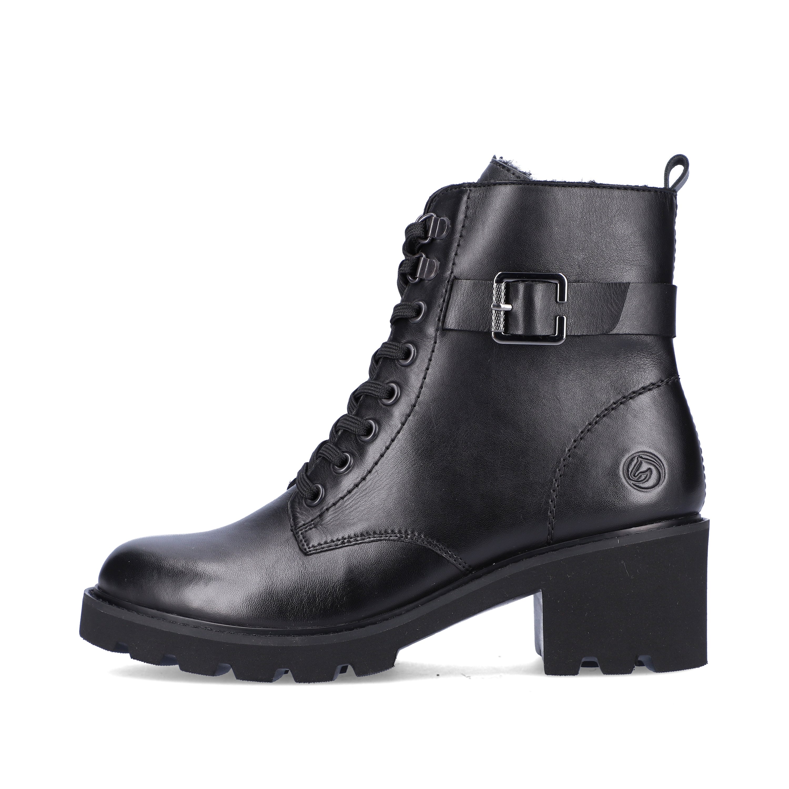 Glossy black remonte women´s biker boots D0A74-01 with especially light sole. The outside of the shoe
