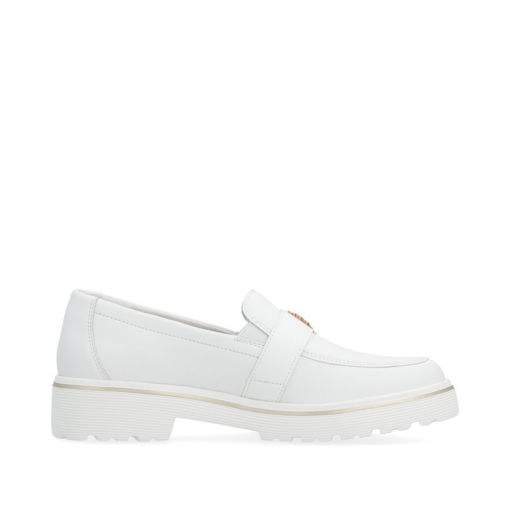 White remonte women´s loafers D1H00-80 with elastic insert and fashionable brooch. Shoe inside.