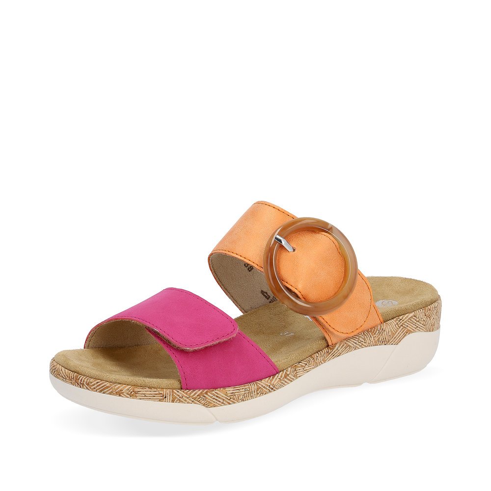Orange remonte women´s mules R6858-38 with hook and loop fastener. Shoe laterally.