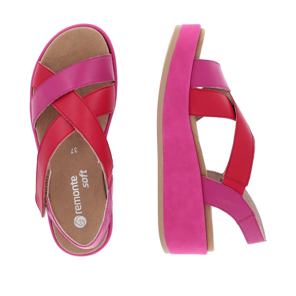 Pink remonte women´s strap sandals D1N52-33 with a hook and loop fastener. Shoe from the top, lying.