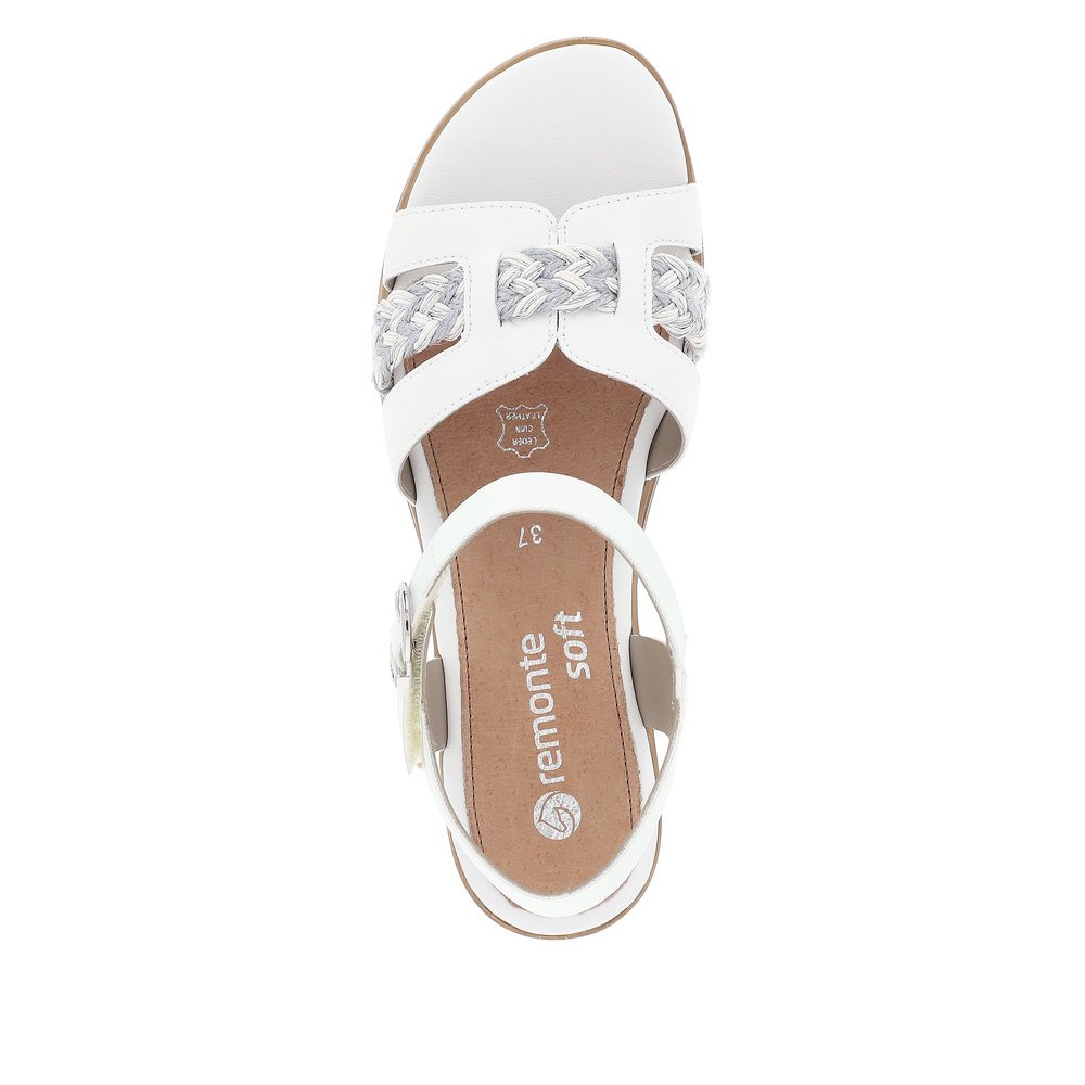 White remonte women´s wedge sandals D6461-80 with hook and loop fastener. Shoe from the top.