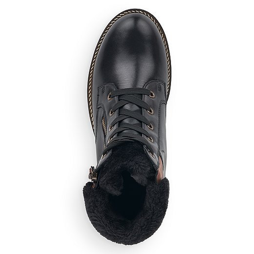 Schwarze Stiefeletten warm gefüttert aus Glattleder mit Reißverschluss und Schnürung und Wechselfußbett. Schuh von oben. 