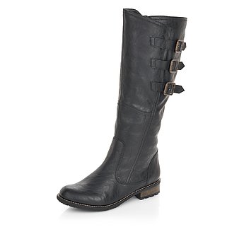Schwarze Stiefel warm gefüttert aus Kunstleder mit Reißverschluss, Vario-Schaft und Wechselfußbett. Schuh seitlich schräg.